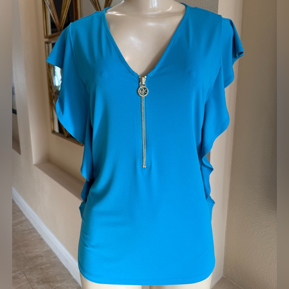 Michael Kors Women’s Turquoise Cap Ruffle Sleeve VNeckline Pullover Blouse. New